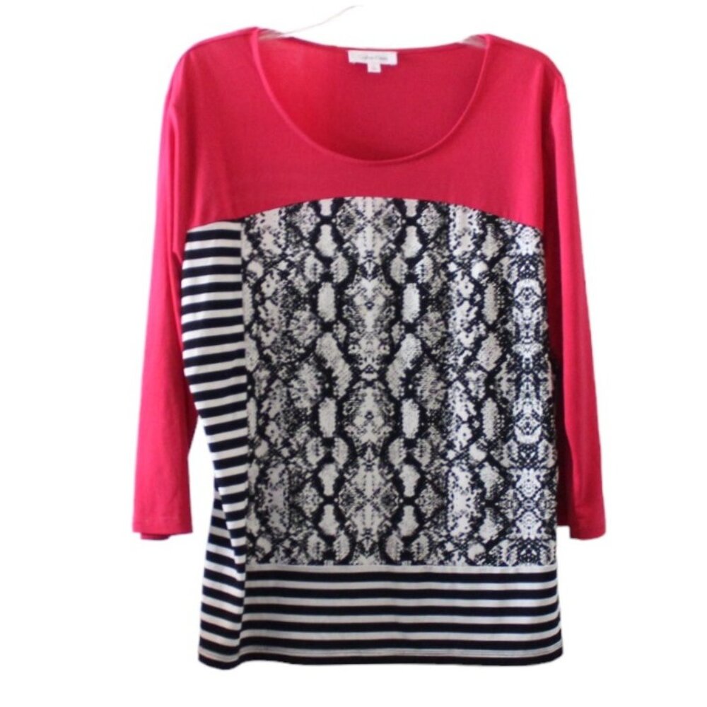 Calvin Klein Pullover Blouse Top Pink Black & White Abstract & Stripes Sz XL